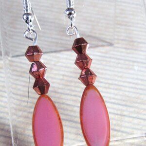 Czech Pink Glass Spindle & Copper Bicone Beads Silverplate Earrings